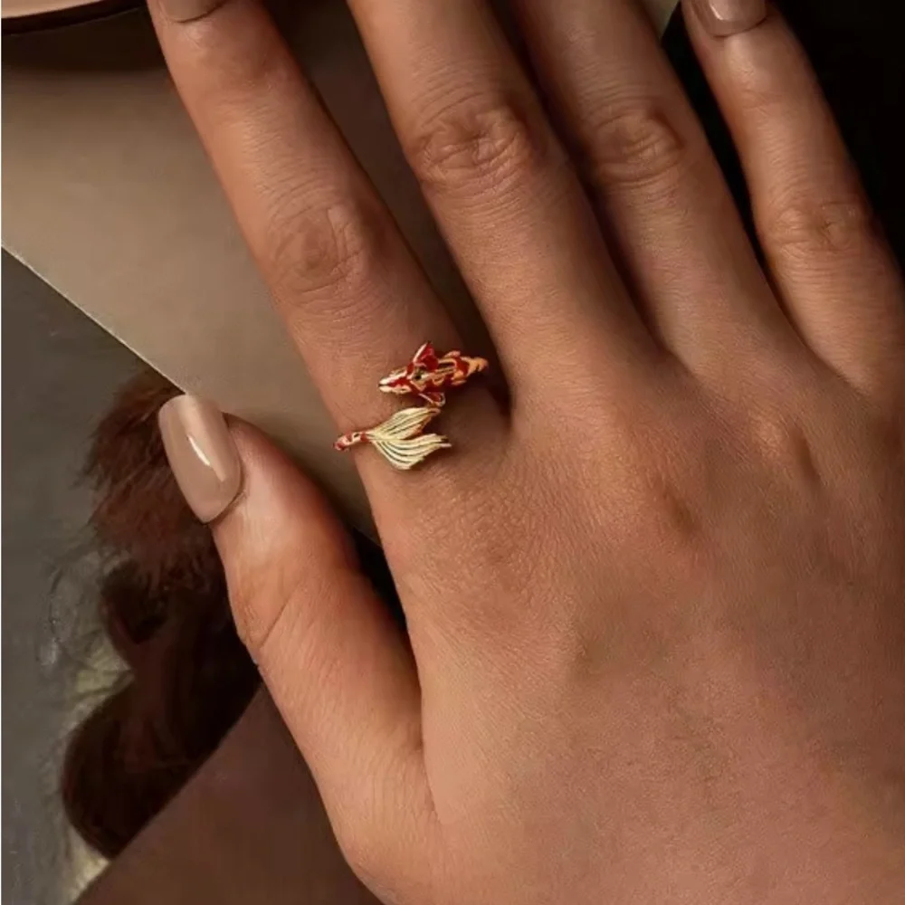 18K Gold Bohemian Lucky Koi Fish Enameled Detailing Ring Open Ring Adjustable